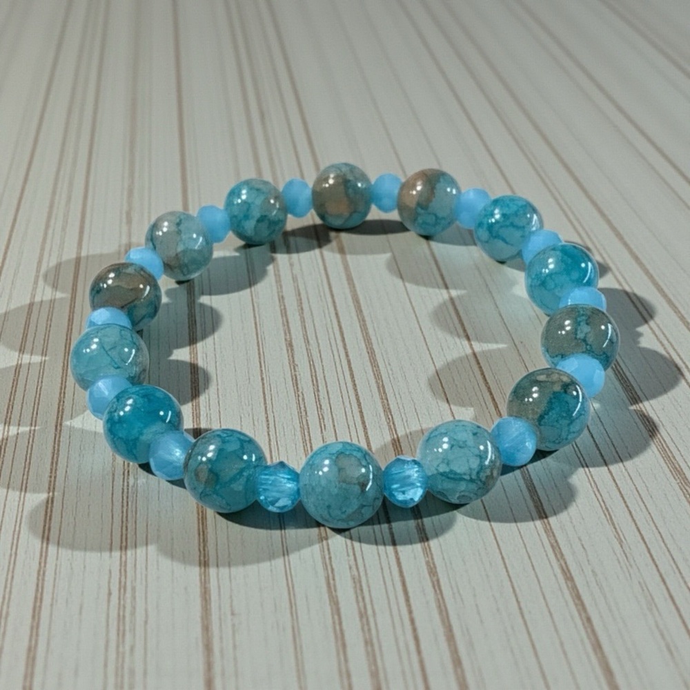 Handcrafted Marbled Blue And Gray Frosted Blue Rondelle Glass Stretch Bracelet